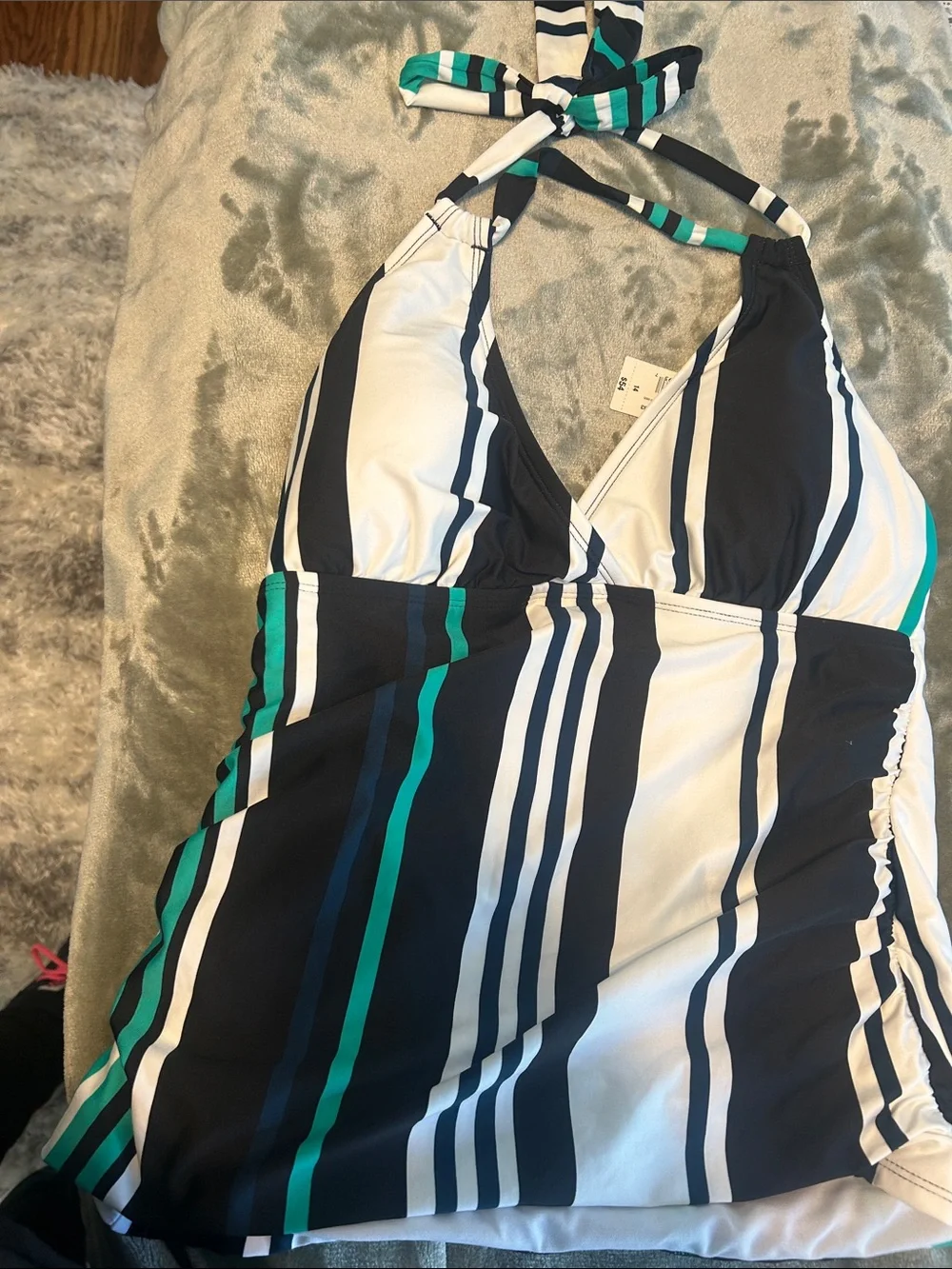Striped Black, White & Green Halter Swim Top